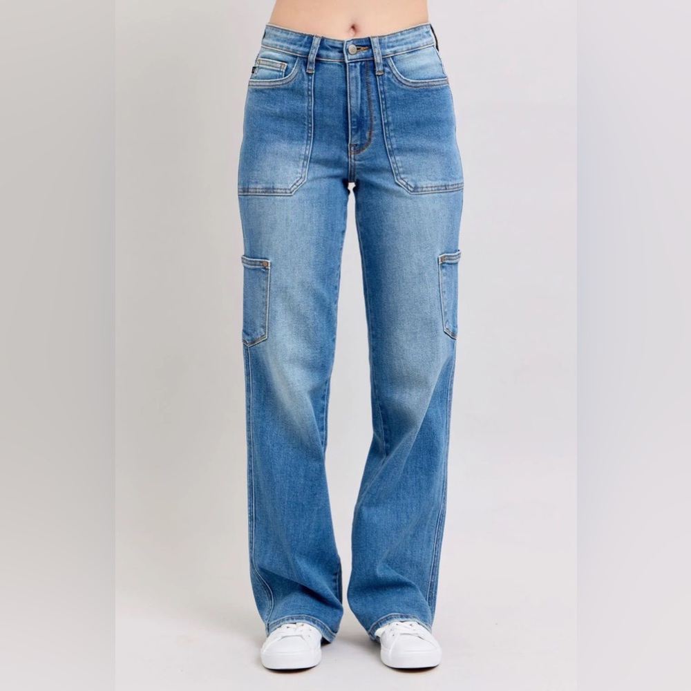 Judy Blue 90s Straight Fit Cargo Jeans 15/32 Light Wash High Rise Baggy Utility